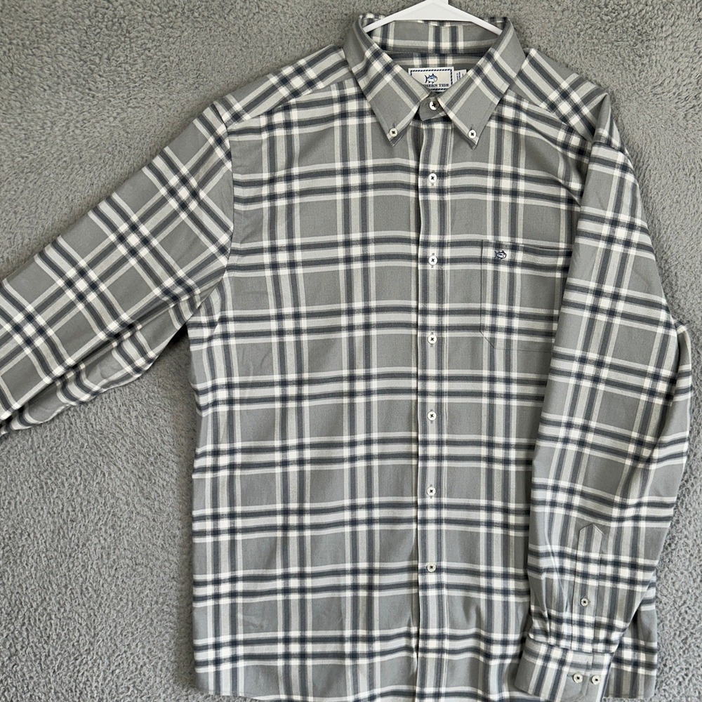 Southern Tide Intercoastal Shirt Mens Large Grey White Plaid Button Down Stretch